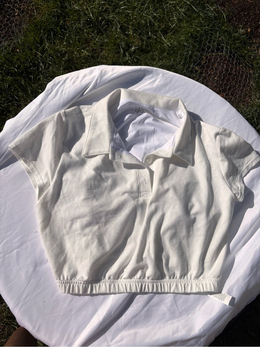 ALO Yoga White Cropped Polo Top